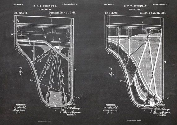 Steinway Flügel, Klavier, Piano, Druck, Patent, A4, Patentzeichnung, Zeichnung, Vintage, Kreidezeichnung, Blueprint